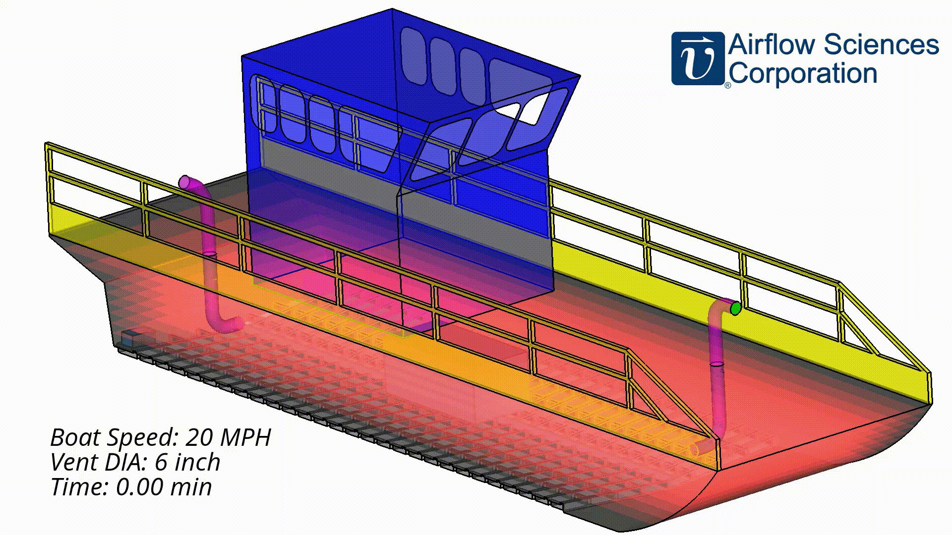 CFD model animation showing vapor dispersion in boat hull